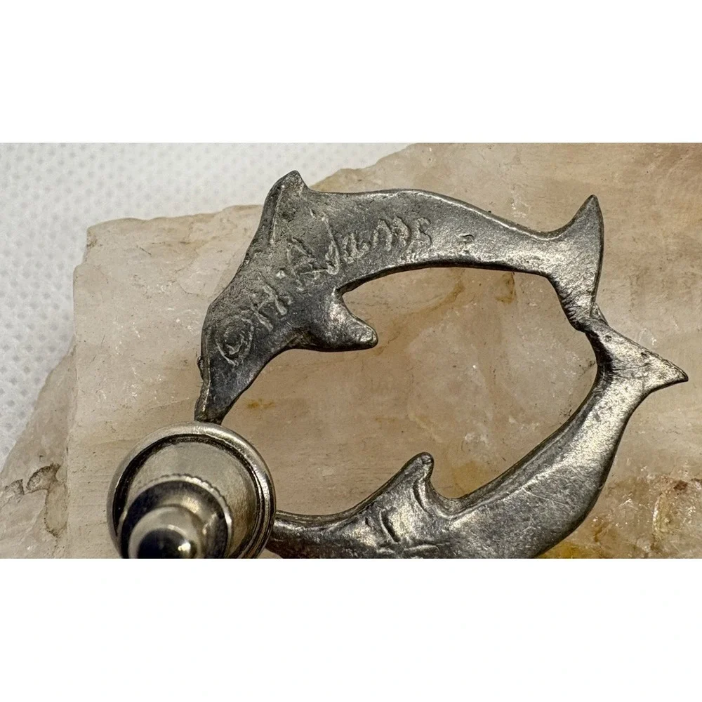 Vintage Pewter Dolphin Brooch Pin Signed H. Adams Two Dolphins with Ball Retro